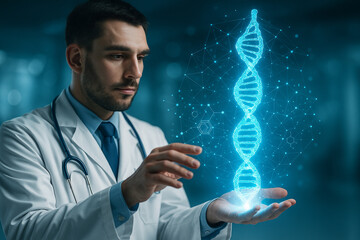 AI generated futuristic doctor interacting with a glowing DNA hologram exploring genome data precision medicine and digital biology in a clean high tech medical environment