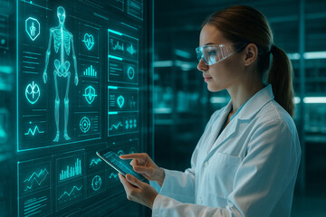 AI generated futuristic medical scene showing a female researcher using holographic data panels in a high tech lab with glowing analytics networks and advanced health information visualizations