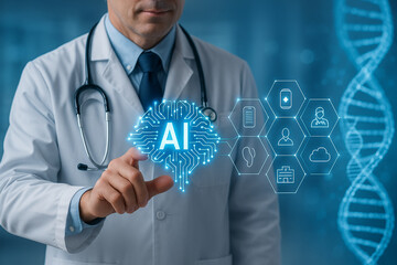 AI generated futuristic medical interface showing a doctor interacting with glowing AI and digital health icons clean blue tech environment to represent smart healthcare and data driven diagnostics