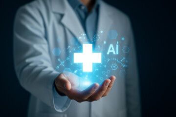 AI generated doctor presenting a glowing medical cross hologram surrounded by hexagon icons AI symbols and digital data elements representing smart healthcare innovation and secure medical systems
