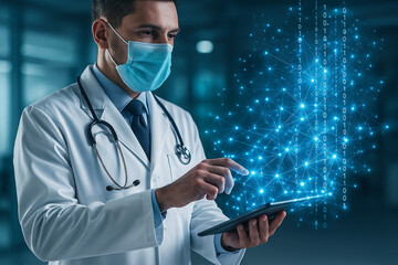 AI generated a doctor analyzing glowing digital data with holographic binary flows and neural links showing advanced medical technology precision science and future healthcare innovation in one scene