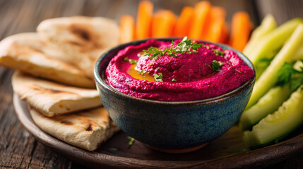 vibrant beetroot hummus with pita and vegetable sticks