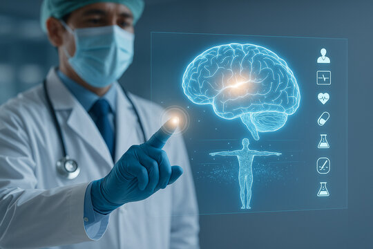 AI generated medical brain analysis hologram showing a doctor interacting with a glowing neural interface highlighting digital brain data and human anatomy in a modern clinical setting