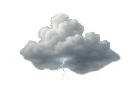 Dark storm cloud with lightning striking inside, symbolizing danger, force, and extreme weather, on transparent background