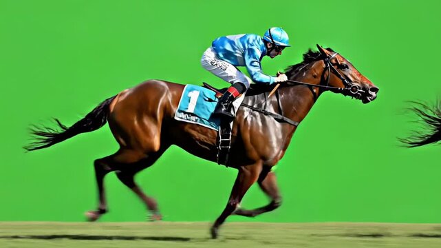 Racehorse and jockey galloping fast on green screen background.
