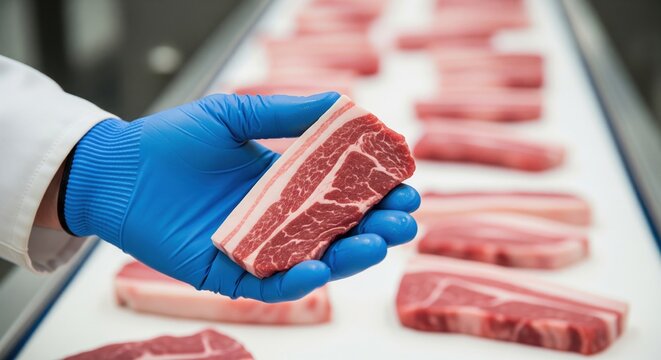 Food manufacturing concept: Worker hand in blue glove checking fresh raw pork belly meat on industrial processing line
 - Powered by Adobe