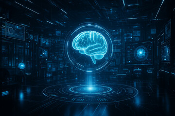 AI generated glowing blue brain hologram floating in a high tech control room filled with digital interfaces symbolizing advanced neuroscience data processing future intelligence deep analysis