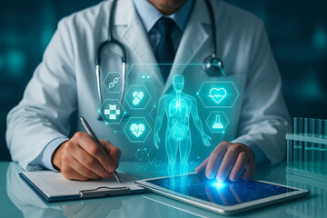 AI generated futuristic medical interface showing doctor interacting with holographic health data diagnostics and digital analysis in a high tech clinical environment