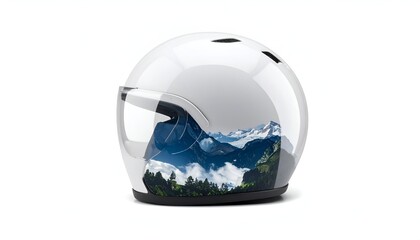 Glossy white motorcycle helmet with a scenic mountain range reflected in the visor
