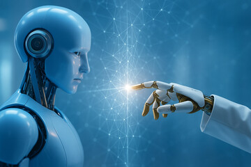 AI generated futuristic scene showing two robots interacting through a glowing digital interface symbolizing advanced connectivity collaboration and hightech intelligence
