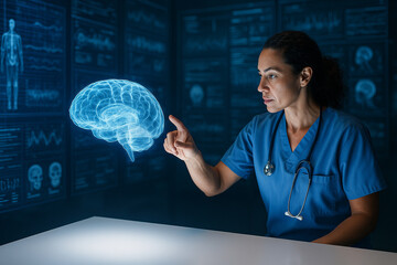 AI generated medical scene showing a healthcare professional interacting with a glowing blue brain hologram in a high tech lab atmosphere conveying innovation precision research and advanced diagnosis