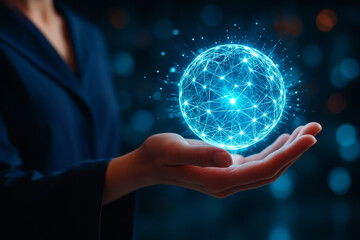 AI generated digital energy sphere glowing above a human hand showing data flow network power future technology innovation clarity and abstract intelligence concept