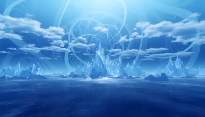 Abstract fantastic  winter background Frozen Iceberg Landscape with Blue Ocean and Cloudy Sky
