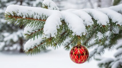 Christmas ornament on snow-covered pine branch winter wonderland nature photography serene environment close-up view