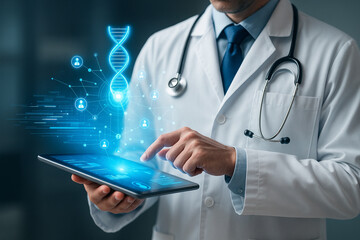 AI generated futuristic medical interface with a doctor using a digital tablet displaying glowing DNA data nodes and connected health information in a clean high tech healthcare environment