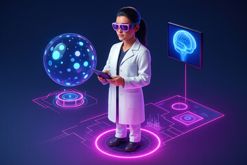 AI generated 3D female scientist working with glowing holographic spheres data panels and neon medical interfaces creating a playful yet advanced futuristic atmosphere blending science technology