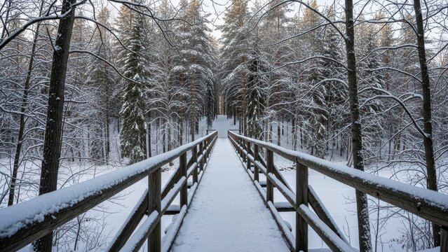 Winter pathway through snowy forest nature photography serene environment aerial view tranquil concept