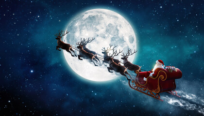 Santa Claus flying in the night sky with his sleigh and reindeer before the full moon, soft light and magical atmosphere, realistic style.