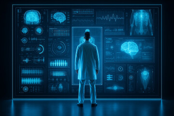 AI generated doctor standing before a massive holographic display showing full body scans x ray structures vital data and advanced medical analytics symbolizing precision smart healthcare