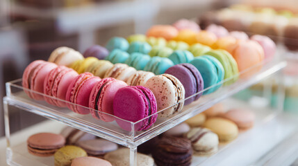 colorful macarons tiered display pastel patisserie