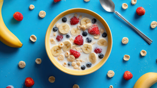 breakfast cereal bowl with milk and fruit flat lay
