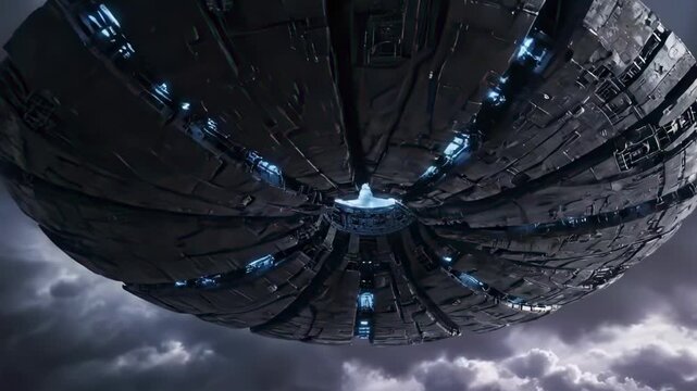 Alien spaceship hovering with glowing lights in a dramatic cloudy sky