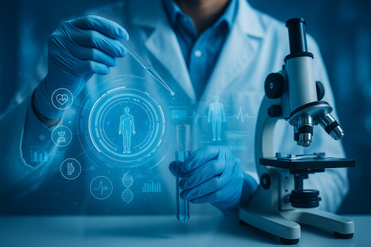 AI generated advanced medical research scene featuring lab diagnostics biotechnology and digital holographic data visualizing precision science and molecular analysis - Powered by Adobe