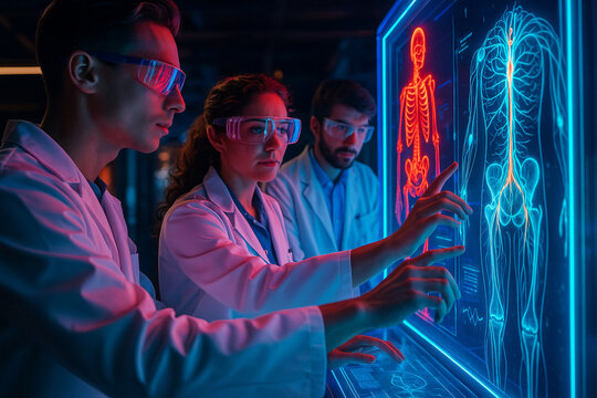 AI generated three researchers interacting with a glowing holographic human anatomy interface showing skeleton neural pathways body systems in a high tech lab conveying innovation precision teamwork