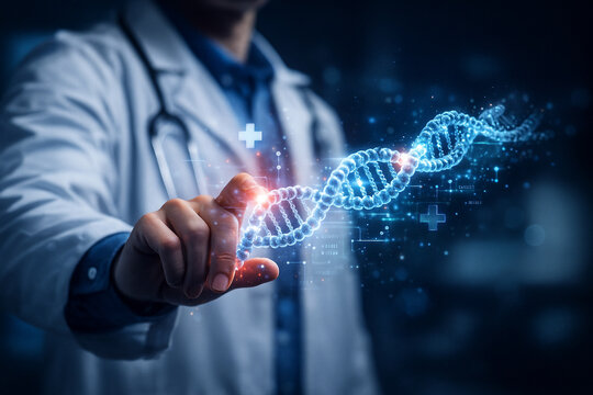 AI generated doctor interacting with a glowing holographic DNA strand surrounded by medical icons molecular symbols and digital data representing advanced genetic analysis and modern health technology