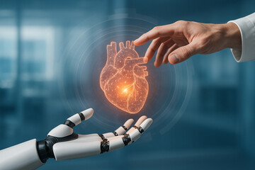 AI generated human and robotic hands joining around a glowing heart hologram symbolizing advanced medical innovation hope precision and the partnership between people and intelligent technology