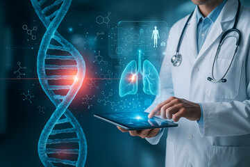 AI generated doctor using a digital tablet with glowing DNA helix and holographic medical data including molecular structures human body icons bioinformation representing advanced genomic diagnostics