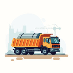 Naklejka premium An illustration of a vibrant orange and yellow dump truck transporting large metal rolls on a construction site with a crane.