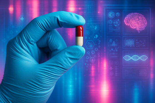 AI generated gloved hand holding a capsule with glowing holographic medical data brain panels dna graphics and digital biochemical information representing precision medicine and advanced
