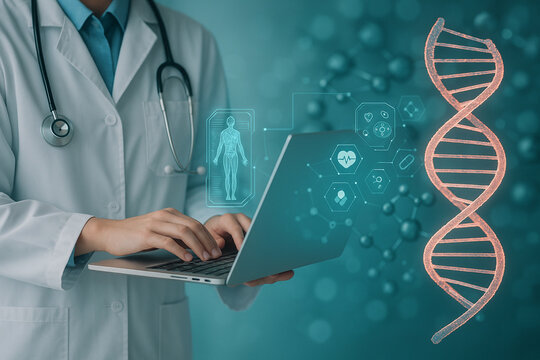 AI generated medical scene showing a doctor using digital genomics with glowing DNA hologram and biometric data for advanced health analysis and precision medicine