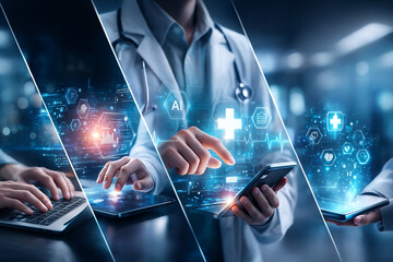 AI generated multi panel medical technology scene showing doctors using laptops tablets and holographic health icons to represent digital healthcare transformation and integrated smart diagnostics