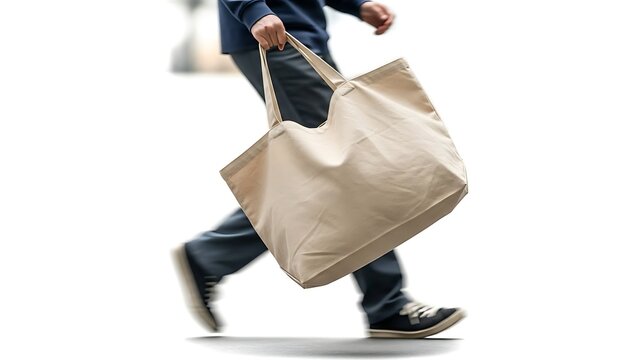 Person Walking with Large Beige Bag in Business Attire on White Background