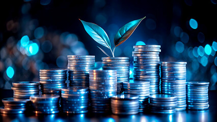 Stacks of shiny coins with a small plant growing representing financial growth and investment on a dark bokeh background