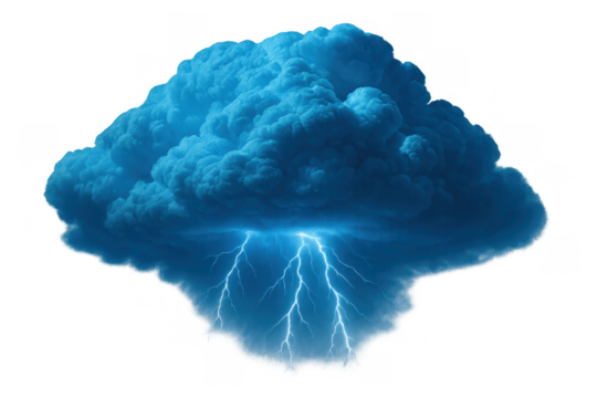 Dark blue storm cloud generating lightning bolts, bringing powerful electric weather, transparency concept