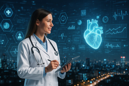 AI generated female doctor reviewing data on a tablet surrounded by glowing medical icons holographic organs and interconnected analytics symbolizing advanced diagnosis global connectivity confidence - Powered by Adobe