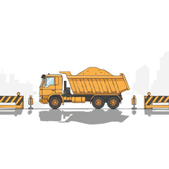 A vibrant illustration showcases a yellow dump truck laden with soil, positioned on a road, with safety barriers, against a cityscape background.