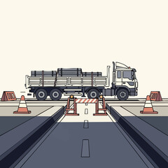 A commercial truck transporting construction materials approaches a road closure, marked by safety cones and barriers, depicting roadwork.