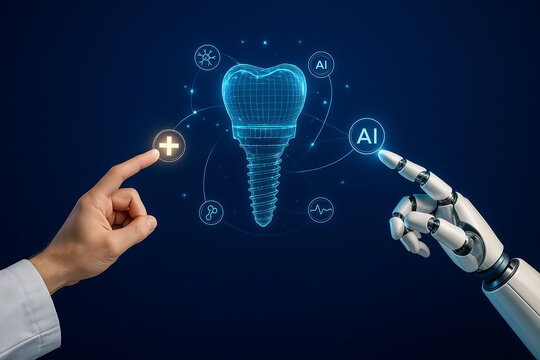 AI generated human hand and robotic hand interacting with a glowing 3D dental implant hologram symbolizing precision treatment collaboration technology and advanced oral healthcare innovation - Powered by Adobe