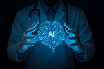 AI generated futuristic medical scene showing a doctor holding a glowing digital brain hologram symbolizing advanced AI health analysis and intelligent diagnostics in modern healthcare technology