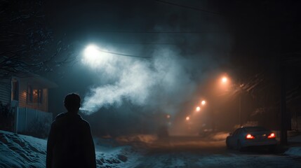 A close-up, backlit photo of a person's breath forming a cloud of condensation in the cold winter air on a quiet street at night.