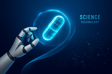 AI generated futuristic scene showing a robotic hand interacting with a glowing holographic capsule symbolizing advanced science technology and digital innovation