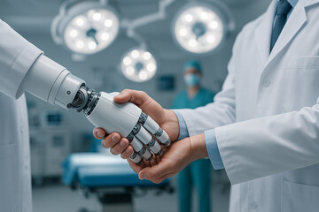 AI generated futuristic medical collaboration scene showing a doctor and a robotic arm shaking hands symbolizing trust innovation and advanced healthcare integration