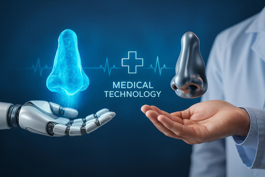 AI generated conceptual illustration showing a robotic hand and a human doctor hand presenting advanced nose models symbolizing ENT innovation digital diagnostics and future medical collaboration