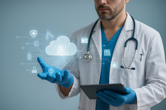 AI generated medical technology scene showing a doctor presenting a glowing cloud hologram with connected data icons symbolizing secure health data digital systems and smart hospital connectivity