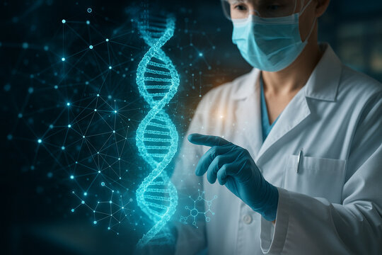 AI generated scene a medical professional interacting with a glowing holographic DNA strand surrounded by digital data networks molecular structures and bioinformatic codes representing advanced - Powered by Adobe