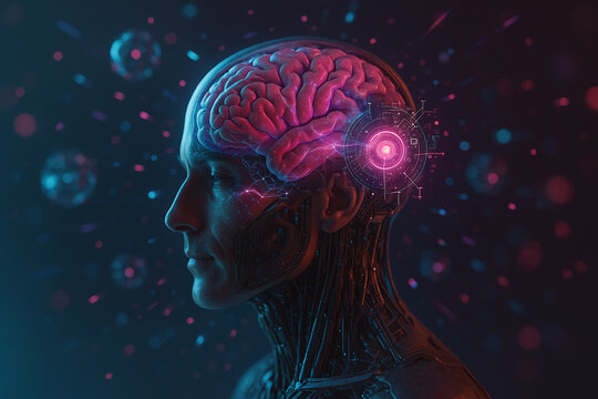 AI generated sci fi concept showing a hybrid human cyborg with a glowing brain surrounded by digital circuits neon particles and dynamic energy symbolizing intelligence data processing
